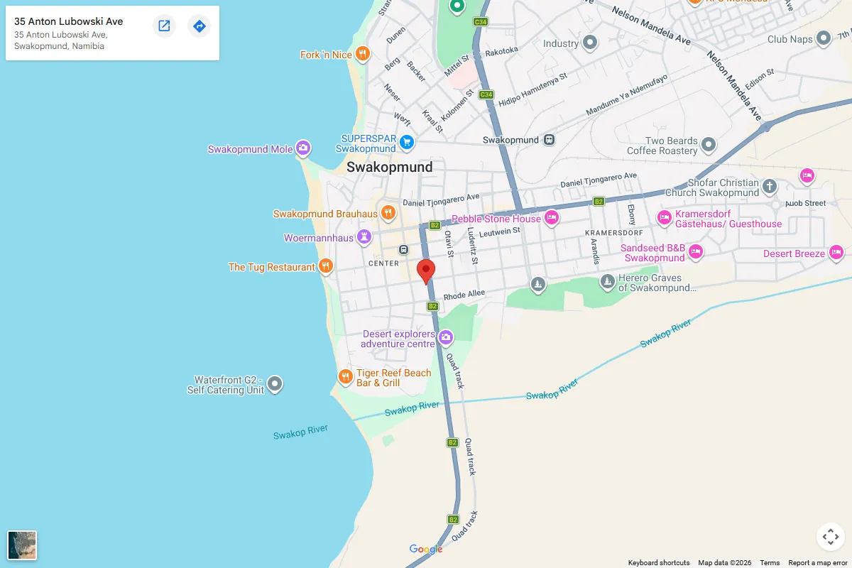 Map preview showing Desert Sky Backpackers in Swakopmund